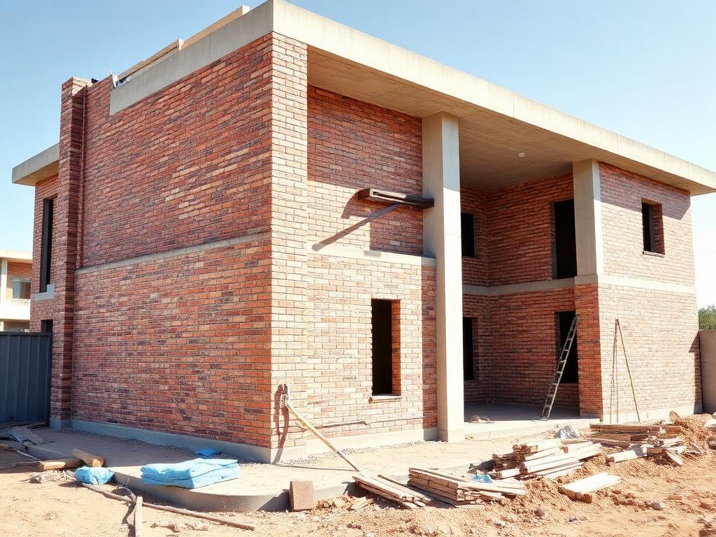 Casa residencial em construção com estrutura de tijolos e concreto