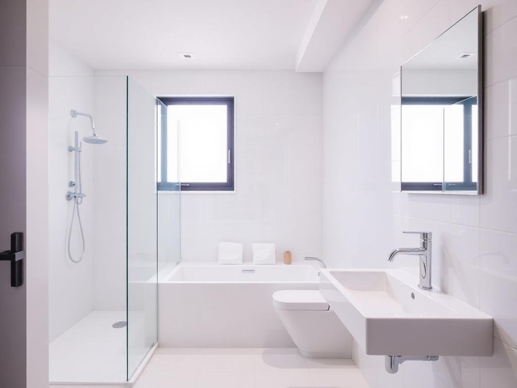 Banheiro clean com revestimento branco e acabamento moderno
